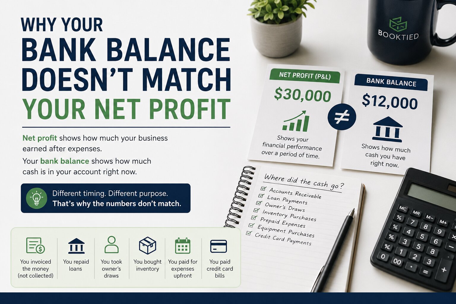 Why your bank balance does not match your net profit, showing the difference between net profit, cash balance, and common cash flow items.