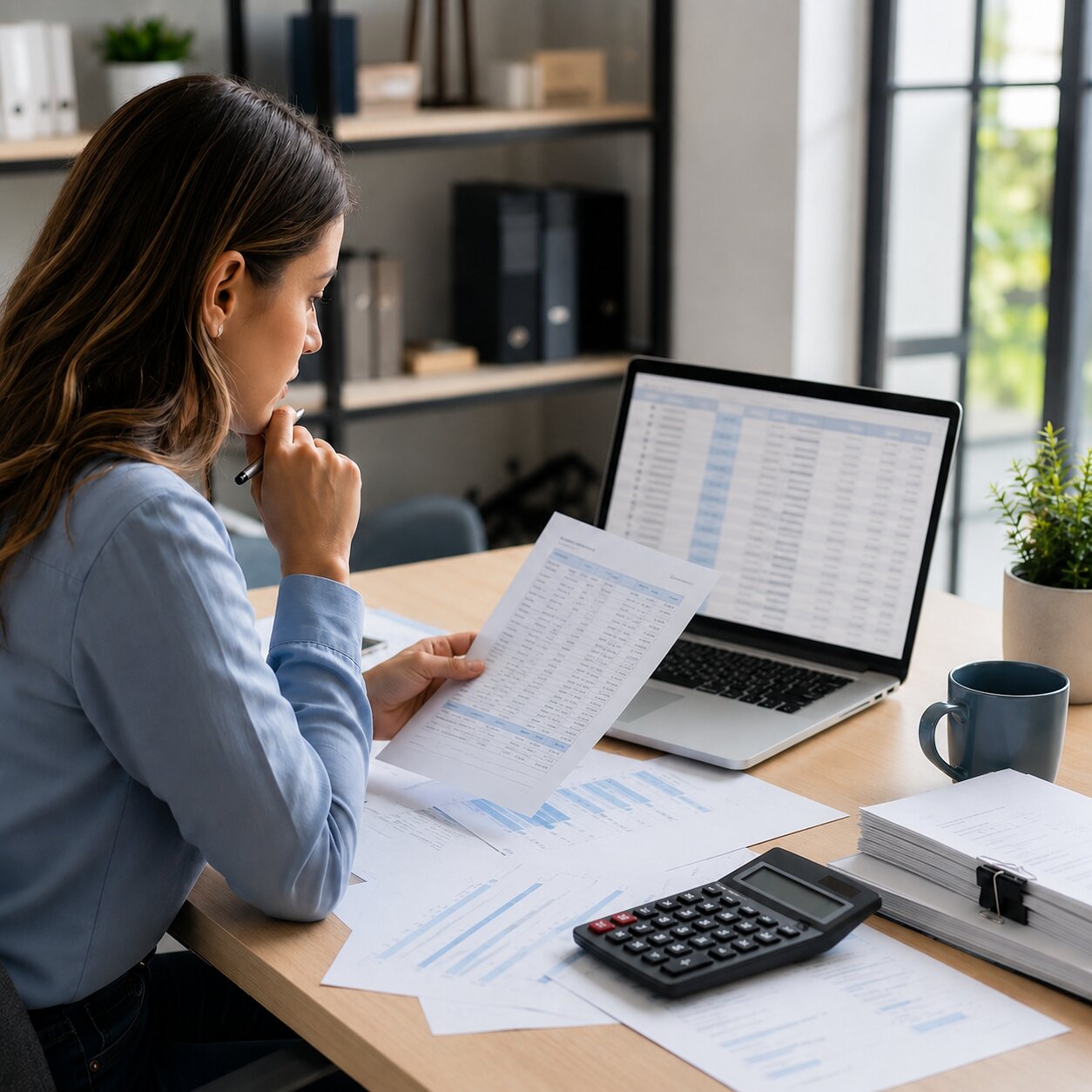 Bookkeeper reviewing financial reports and bank records at a desk with a laptop, calculator, and paperwork, highlighting the importance of reviewing uncleared transactions.